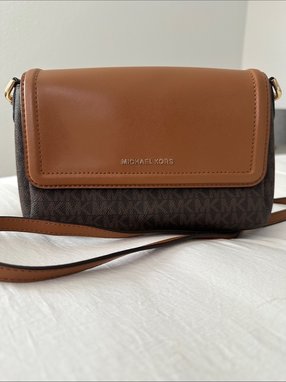 Michael Kors Brown Monogram and Tan Leather Crossbody